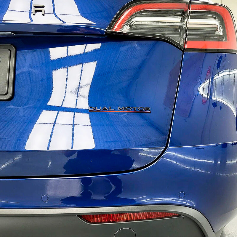'Dual Motor' Badge for Tesla Model 3 and Y Matte Black with Red Underline - Eevify